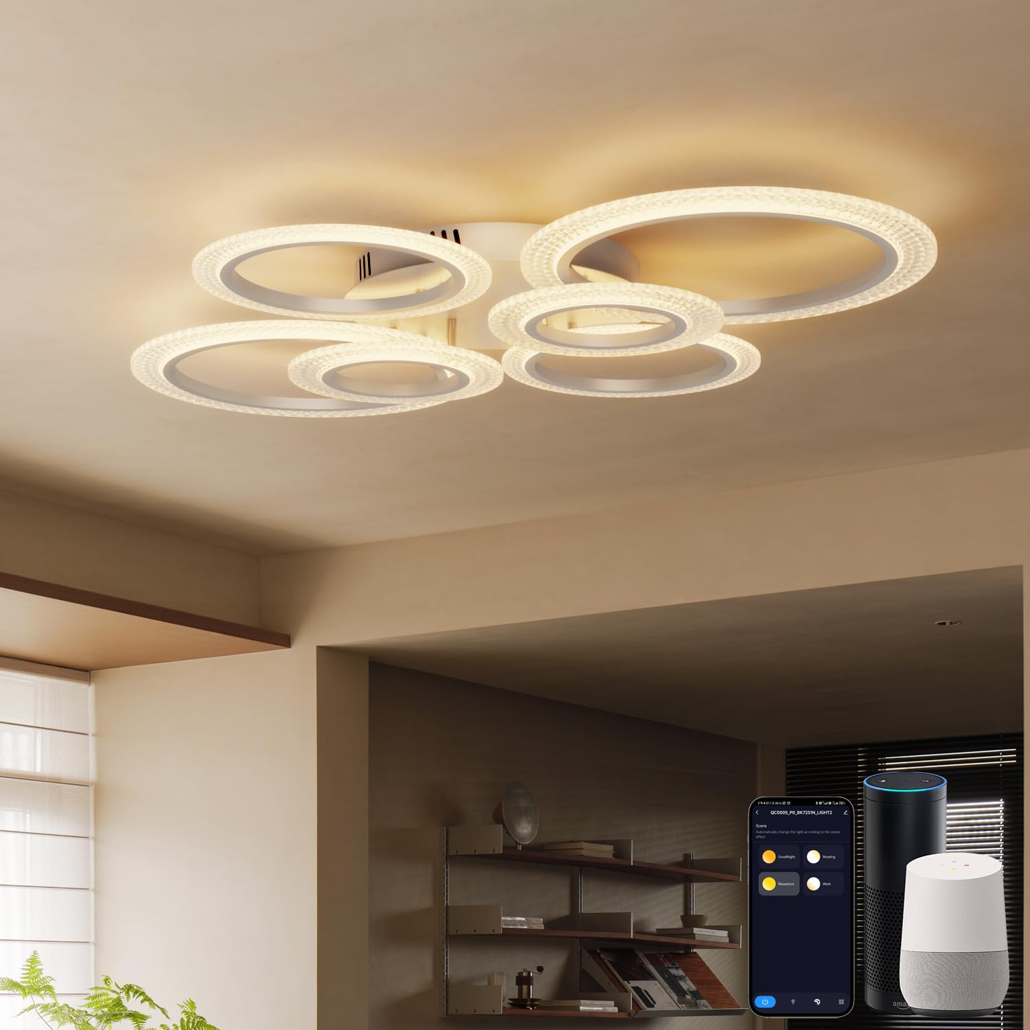 Lámpara de Techo LED Inteligente Diseño de Anillos Moderno, Plafón WiFi 80W 8000LM Regulable, Compatible con Alexa y Google Home, Control por App y Mando, Ø88cm para Salón Dormitorio, Blanco