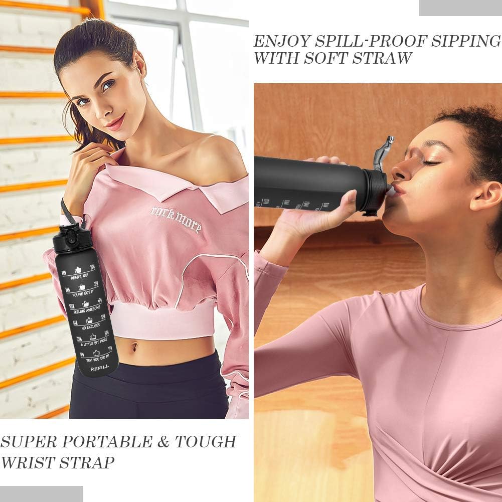 32 oz Motivational Water Bottle with Time Marker & Straw - BPA Free & Leakproof Tritian Frosted Portable Reusable Fitness Sport 1L Water Bottle for Men Women Kids Student to Office School Gym Workout