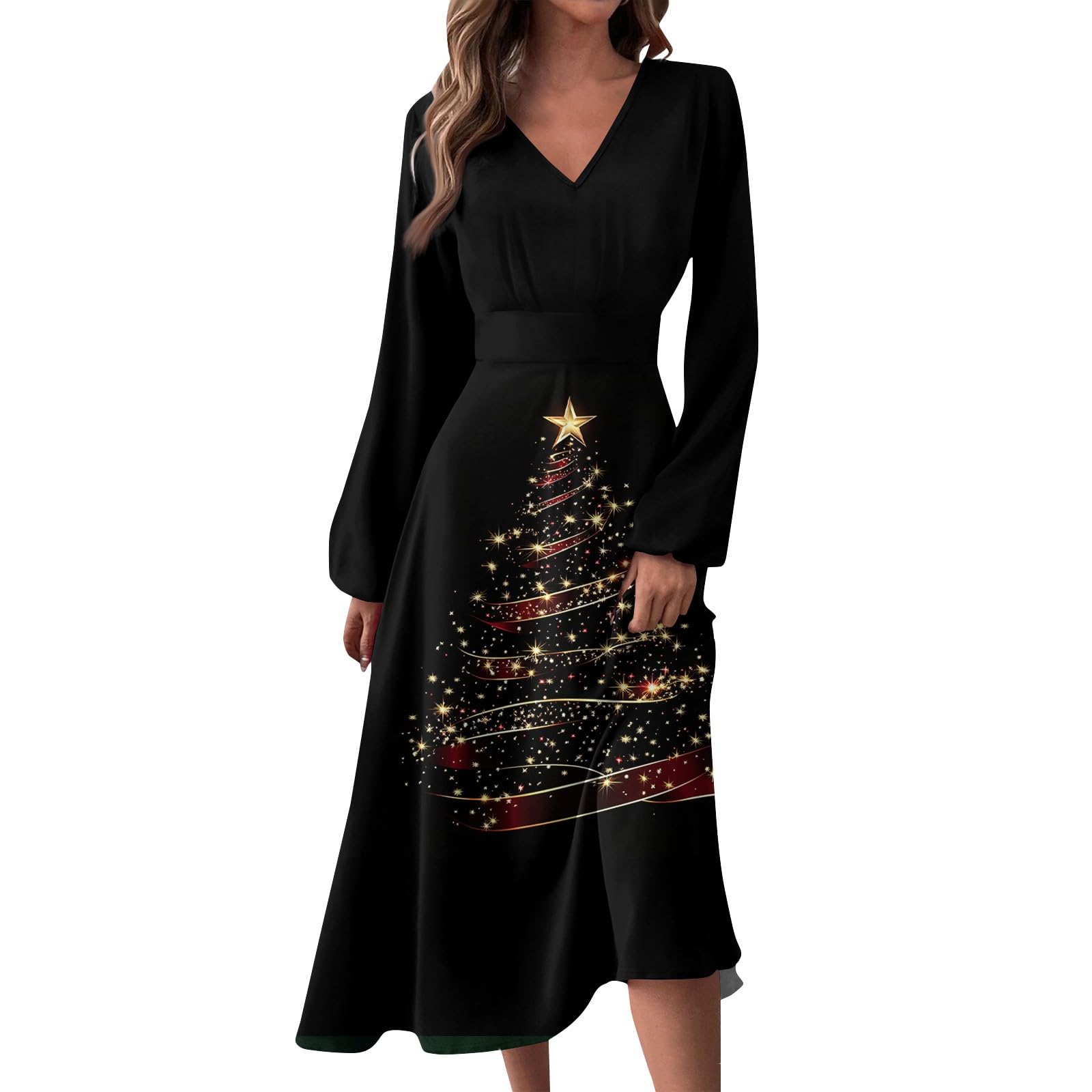 QI_LIANG Vestido Largo para Mujer 2024 Vestido de Moda de otoño e Invierno Vestido Largo con Estampado navideño de Manga Larga con Cuello en V Delgado