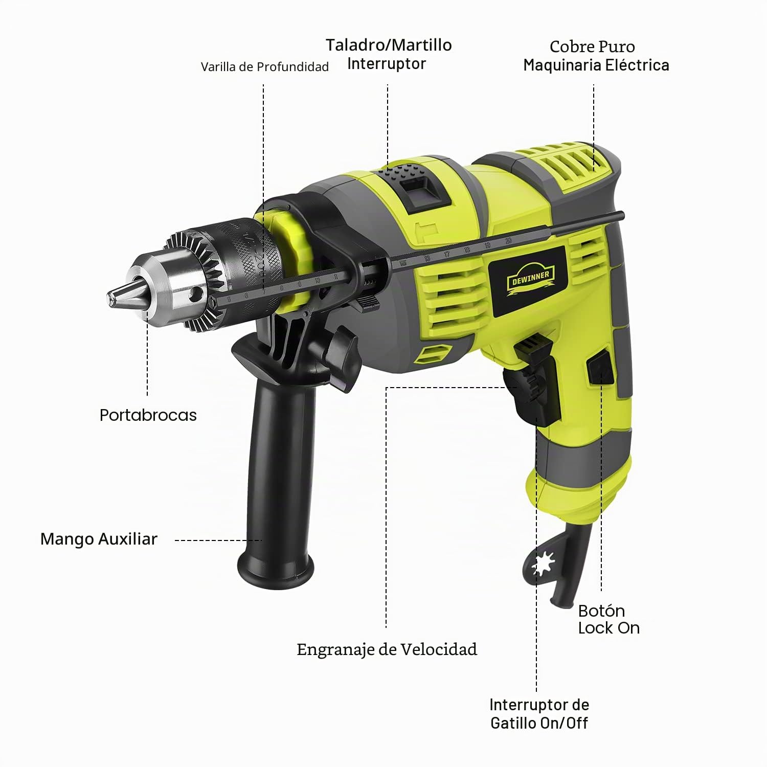Taladro de martillo, taladro de impacto eléctrico con cable de 710 W, portabrocas de metal de 13 mm, 0-3300 RPM, potente taladro de velocidad variable para taladrar en acero