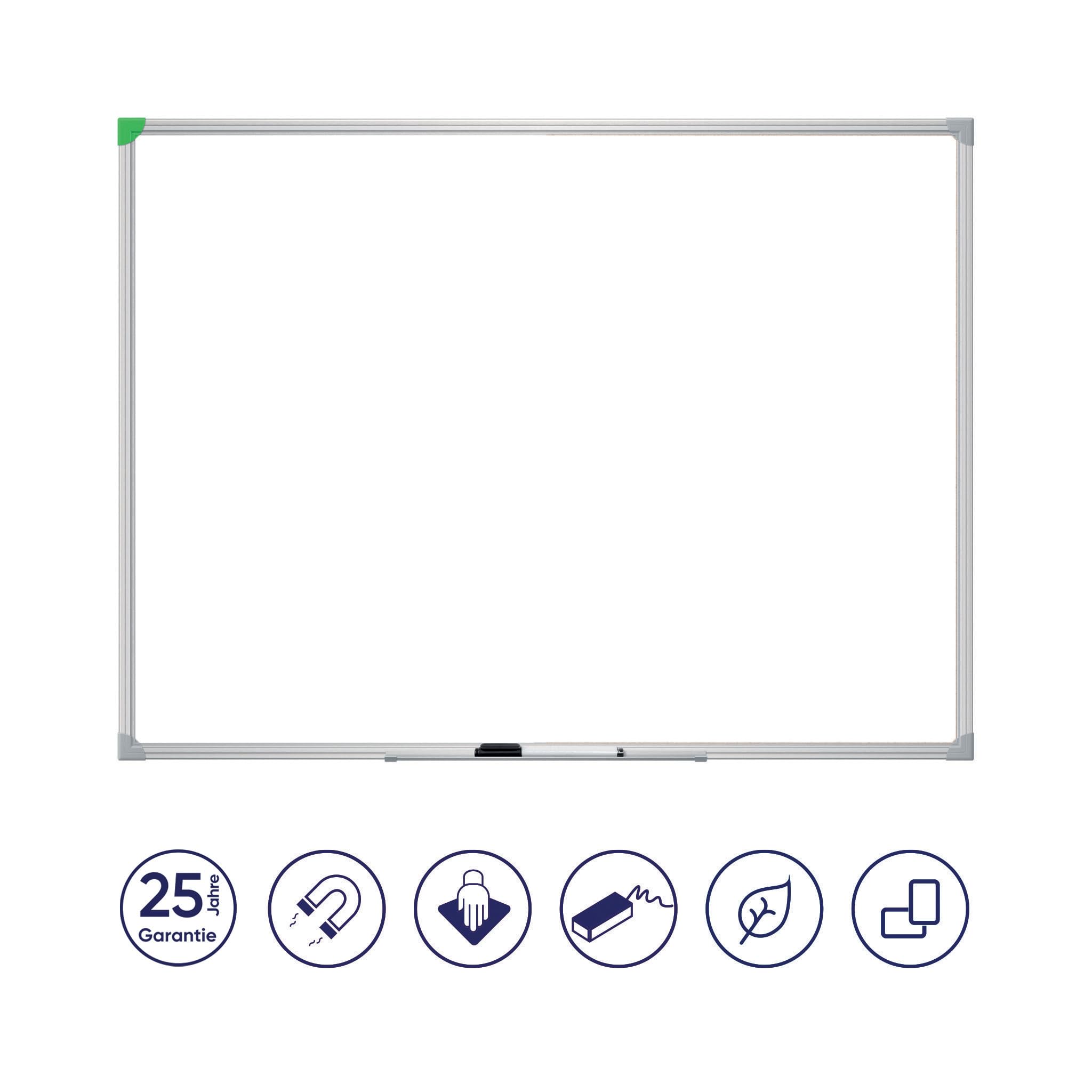 U-Act! TableauLine.Cadre en aluminium avec coins en plastique.Couleur du cadre : argent, coins gris clair (un en vert).Plateau.Accessoires pour fixation murale :Suspension miroir. Blanc émaillé 60 x 45 cm weiß