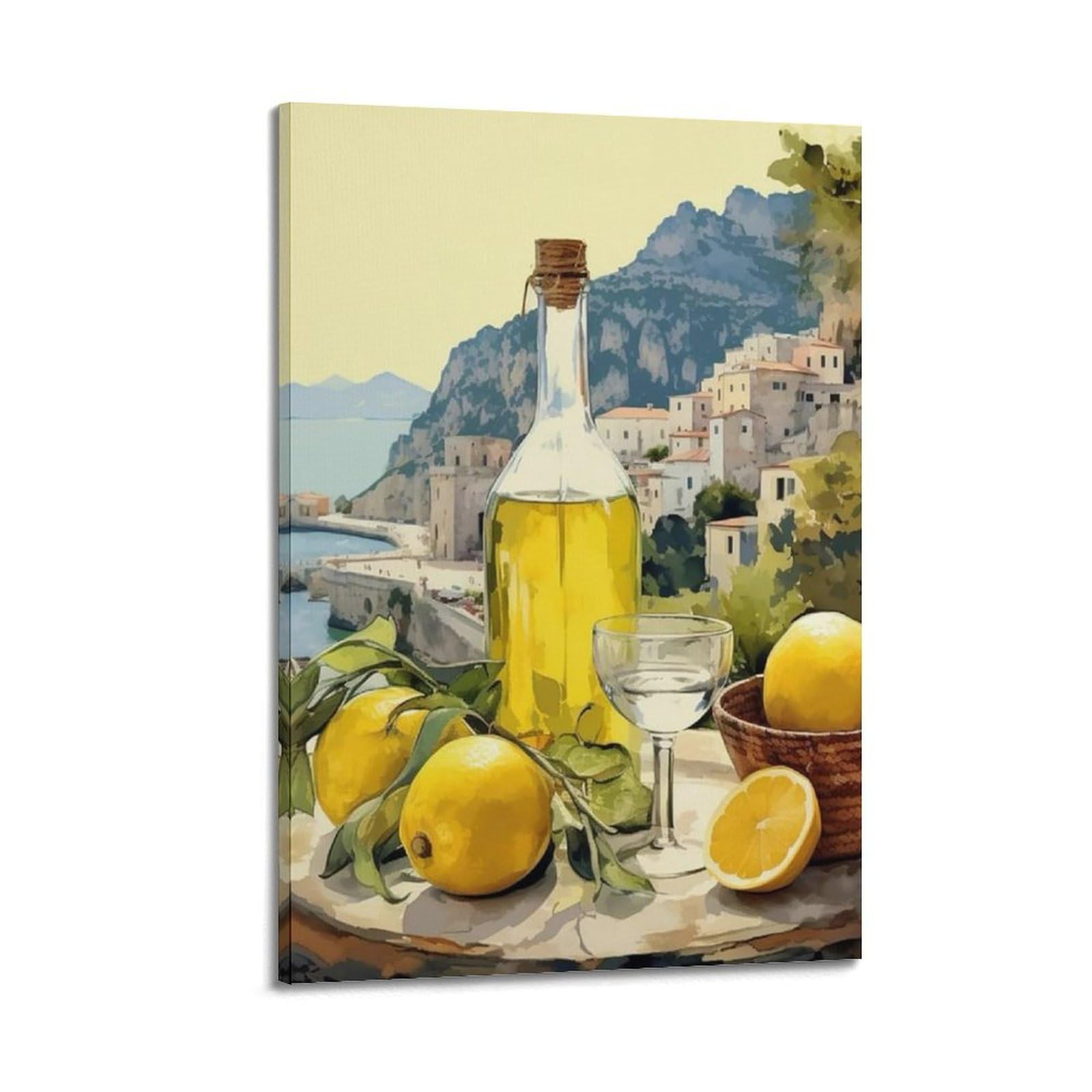 HANTOTN Mediterranean Lemon And Olive Oil Coastal Still Life Artistic Wall Mural Modern Hanging Decor Poster12x18inch(30x45cm)