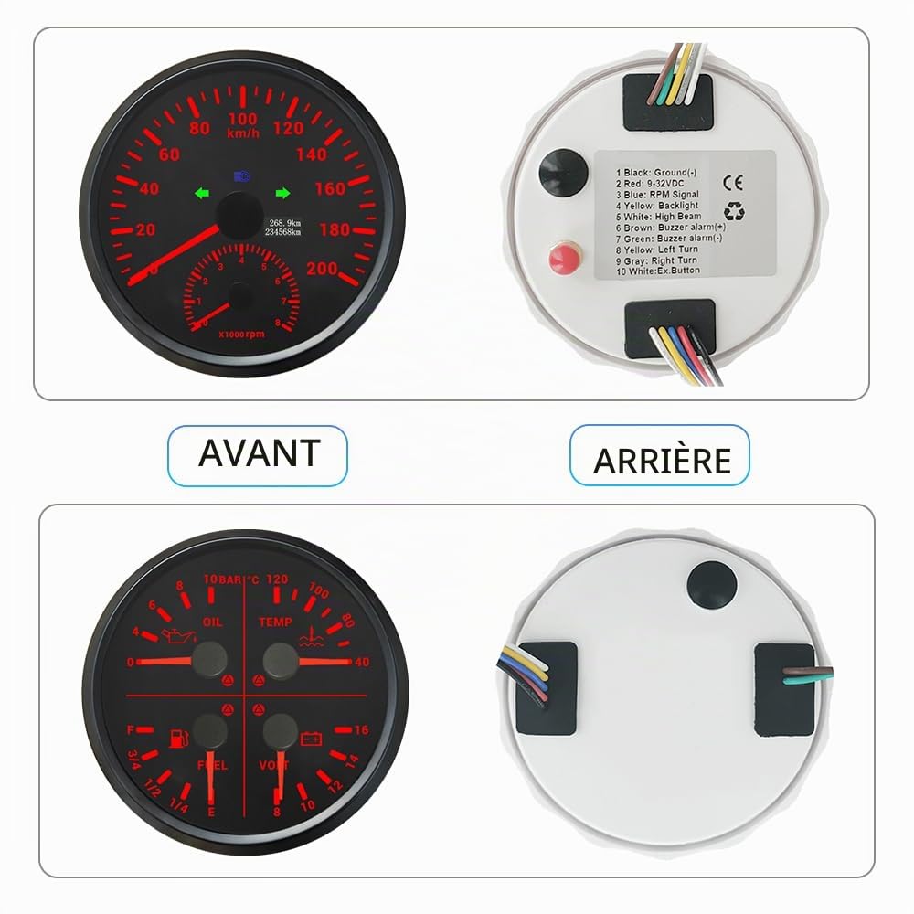 ELING Compteur de vitesse GPS de 110 mm 0-200 km/h avec tachymètre 0-8000 tr/min avec indicateur multifonction 4 en 1, niveau de carburant, pression d'huile, température de l'eau 12 V avec
