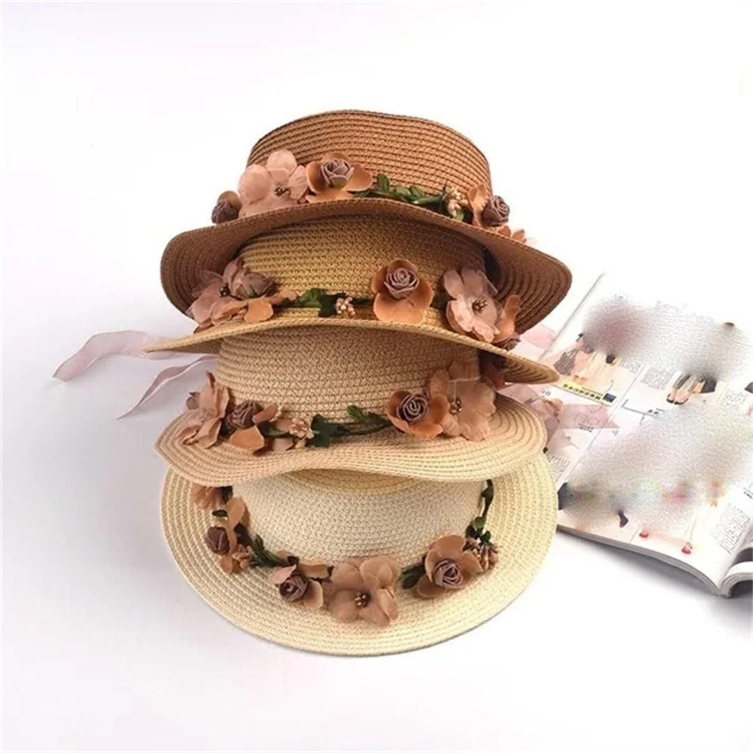 Yeuyyben Cappello da sole da donna, cappello da pescatore estivo in pizzo con fiocco e fiori, con nastro piatto, cappello di paglia da spiaggia, Panama
