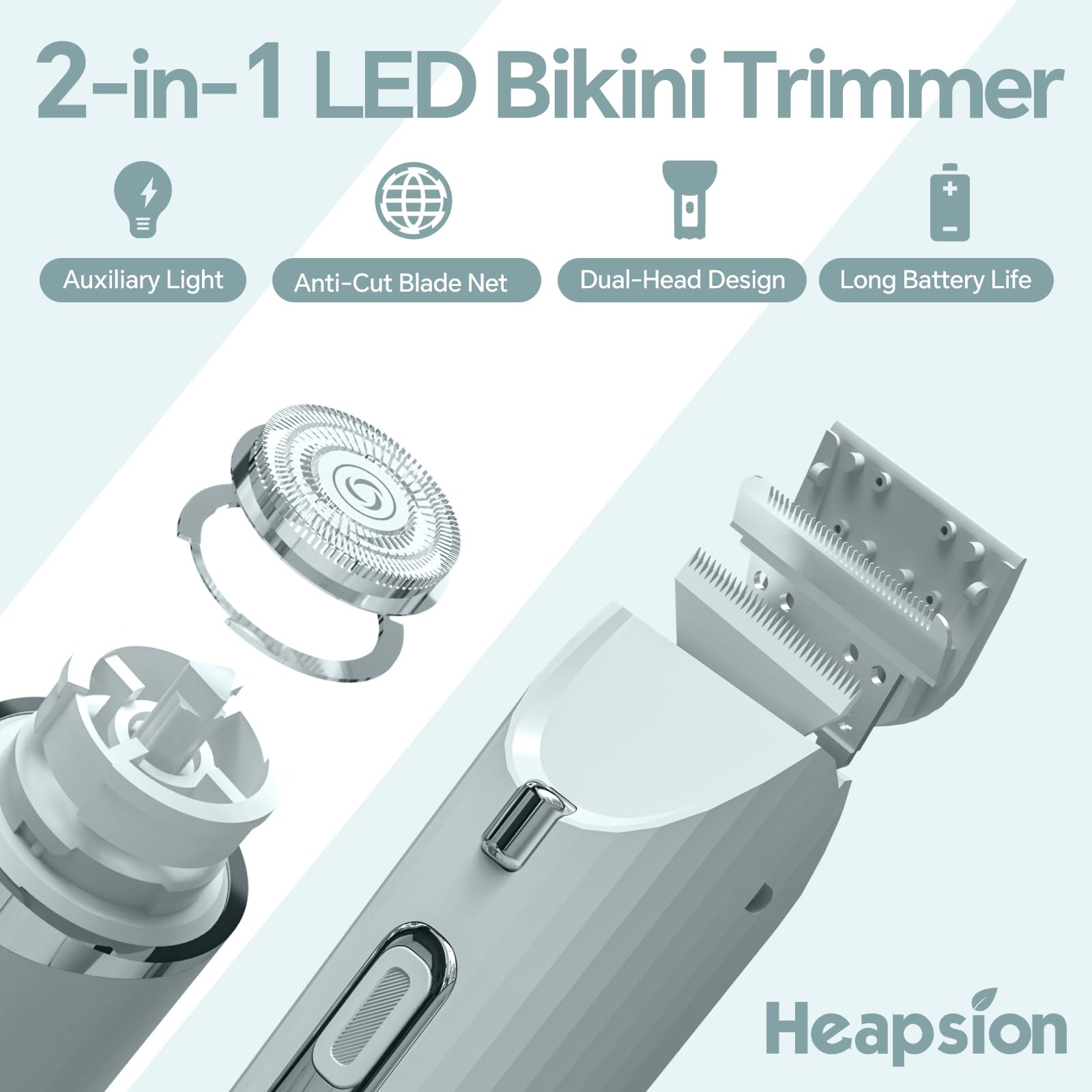 Heapsion Rasoir électrique 2 en 1 à double tête pour femme - Rasoirs électriques indolores pour peau de soie, rasoir sans fil avec lame en céramique pour aisselles, jambes, bras, visage, cadeau idéal