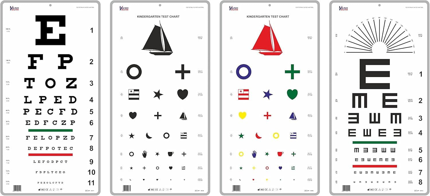 KASHSURG Distance Vision Charts Traditional Snellen, Illiterate Landolt E & Astigmatism, Kindergarten Color Chart and Kindergarten Standard Chart Size 22 * 11 Inchs_193_Pack of 40