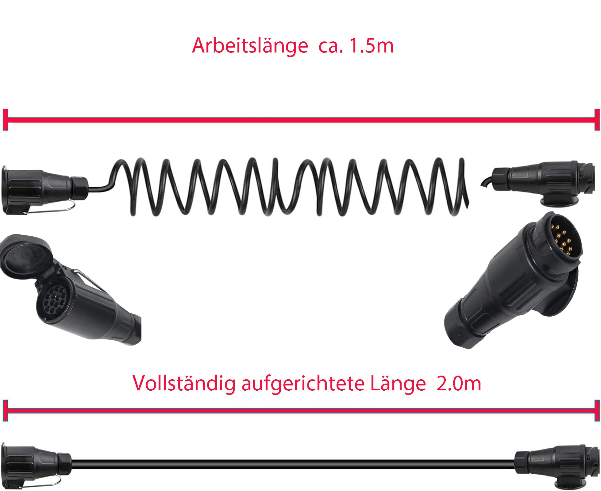 Cavo Di Prolunga Per Rimorchio 13 Poli A 13 Poli - 3 Metri A Spirale - Adattatore Universale Per Camper, Roulotte, Auto - Standard Europeo