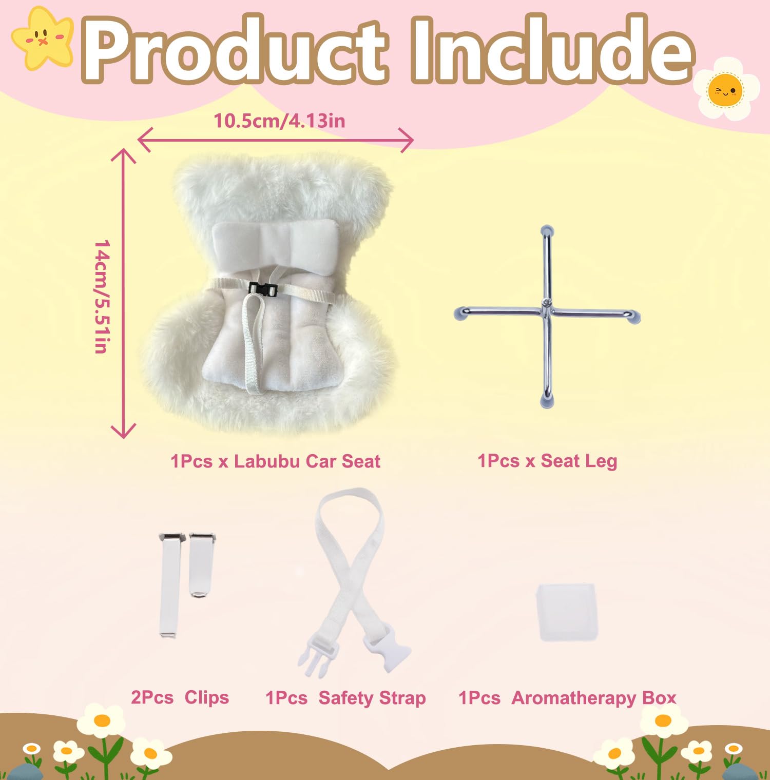 Asiento de automóvil para asiento de automóvil Labubu, clip de ventilación para sofá Labubu, cojín suave y peludo blanco con pata de asiento para pantalla de escritorio Labubu, decoración de automóvil