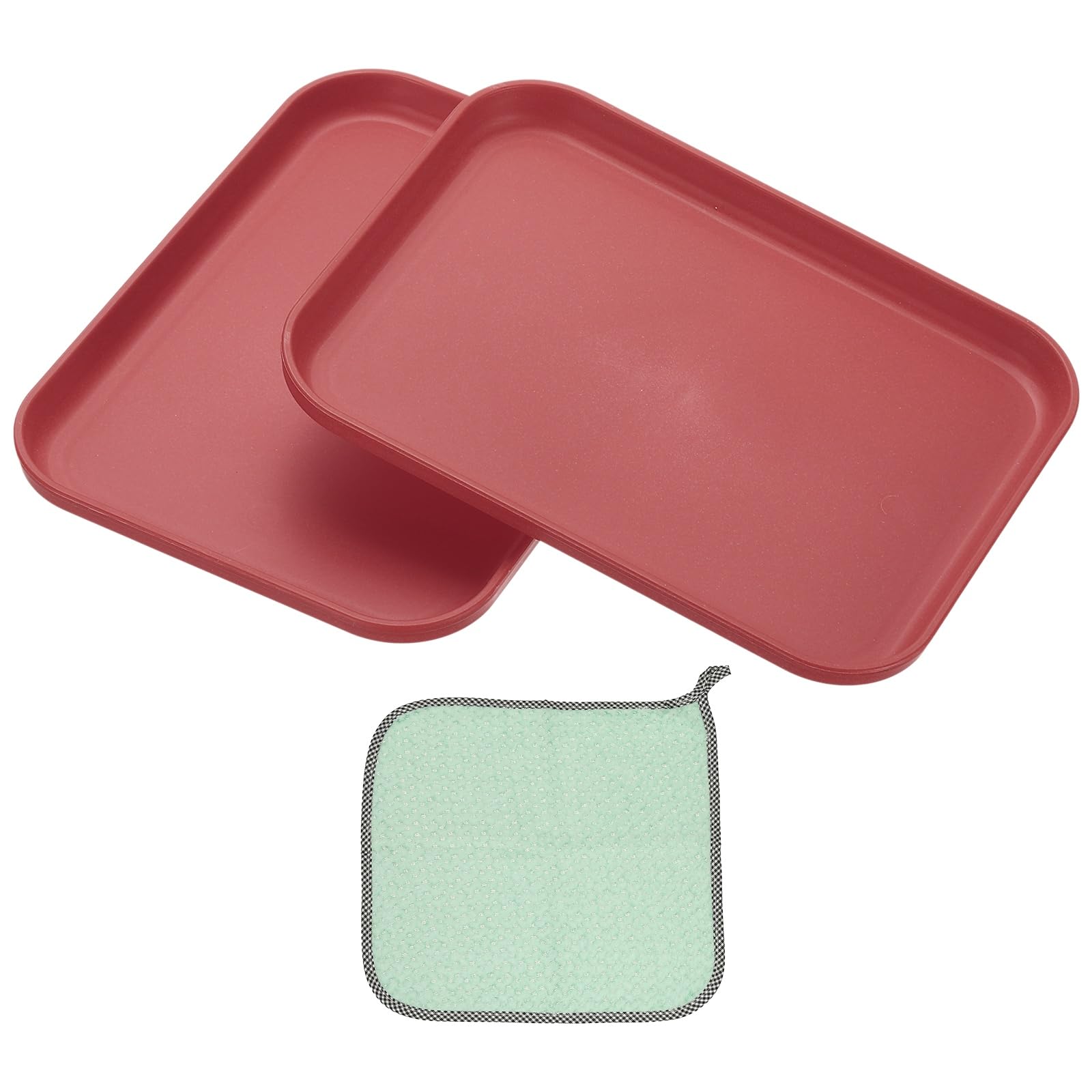 PATIKIL 7.9x5.9 Plastic Tray, 2 Pack Rectangular Plates Small Food Tray Wheat Plates Dishes Reusable Dessert Plate Trays with Cloth for Cake Fruits Salad Cupcake Steak Serving Dark Red