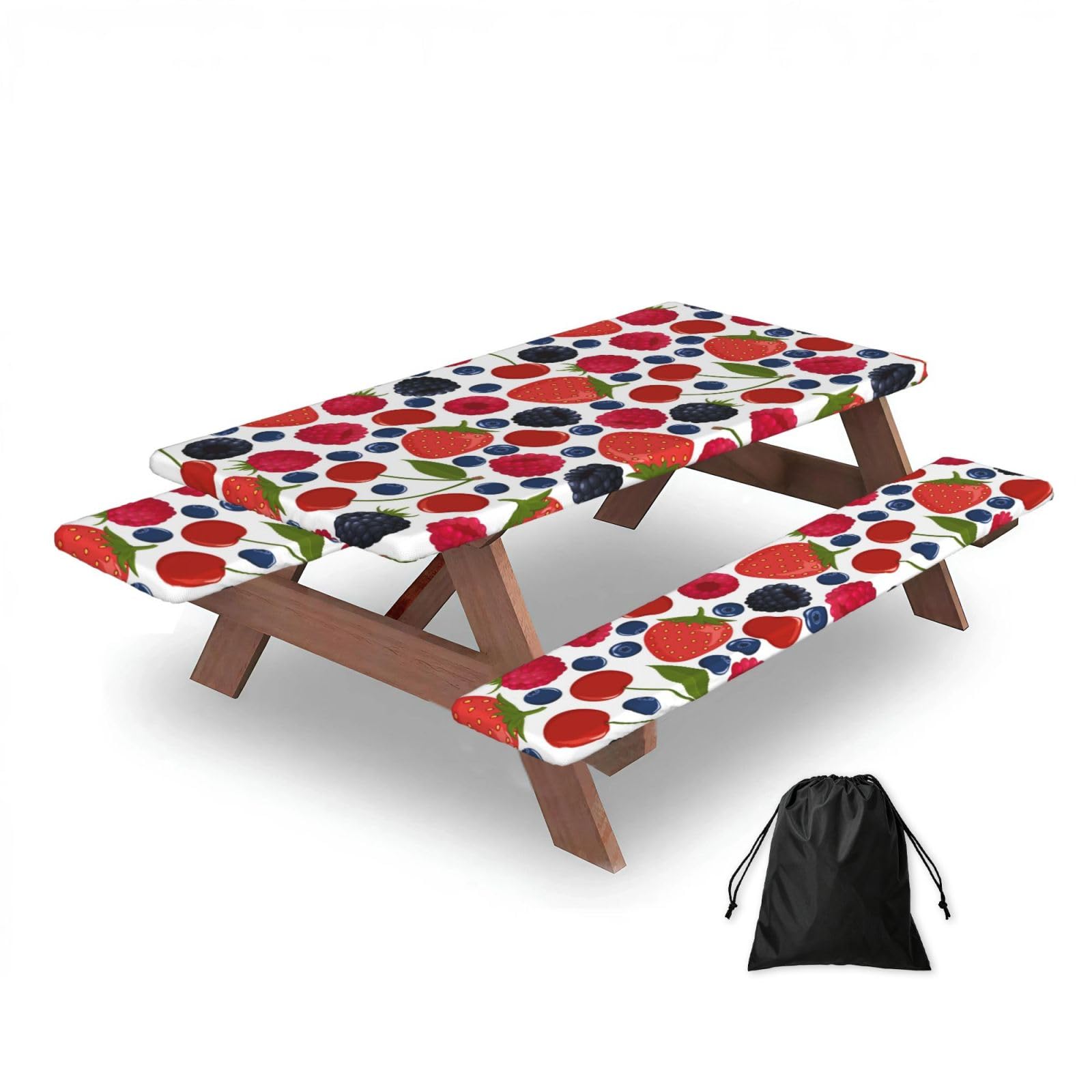Dopklna As Picture Falling Ripe Berries Raspberries, Picnic Table Cover With Bench Covers -Waterproof Elastic Fitted Tablecloth For Garden Camping Patio 76X152cm