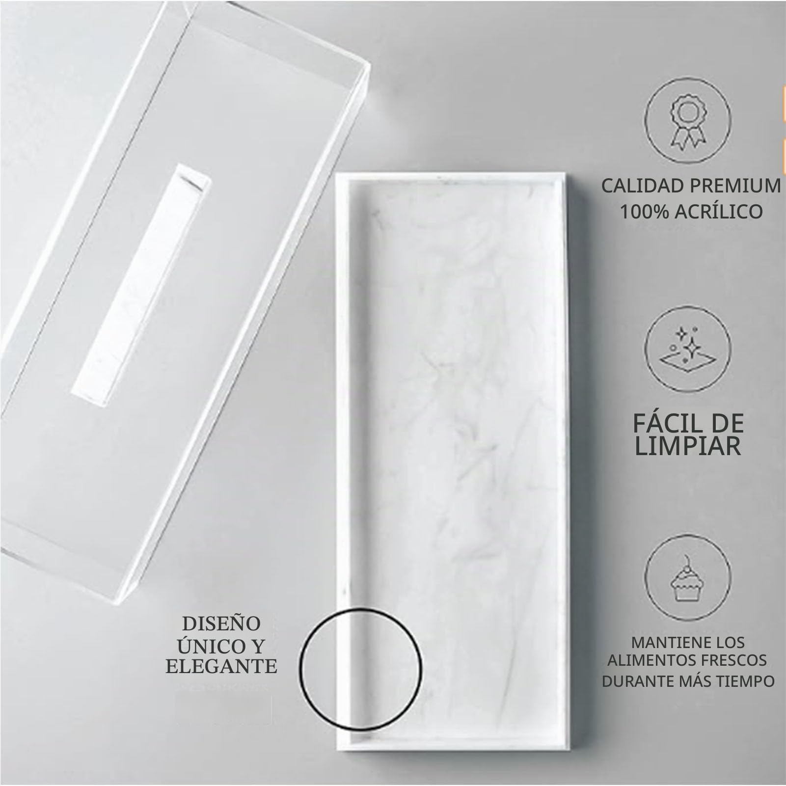 Bandeja de Pastel Rectangular, Vitrina de pastelería acrílica de mármol Bandeja de Postre Multifuncional con Tapa Transparente para Fiestas, Casas, hoteles, Tiendas de postres