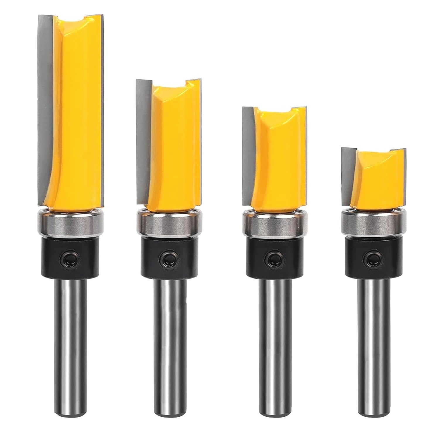 Pattern Flush Trim Bit 4 Pcs Router Bits，Top Bearing Flush Trim Bits Set，1/4 Inch Shank ,Cutting Length 1/2", 3/4", 1", 1-1/2"，Template Guide Woodworking Milling Cutter Tool