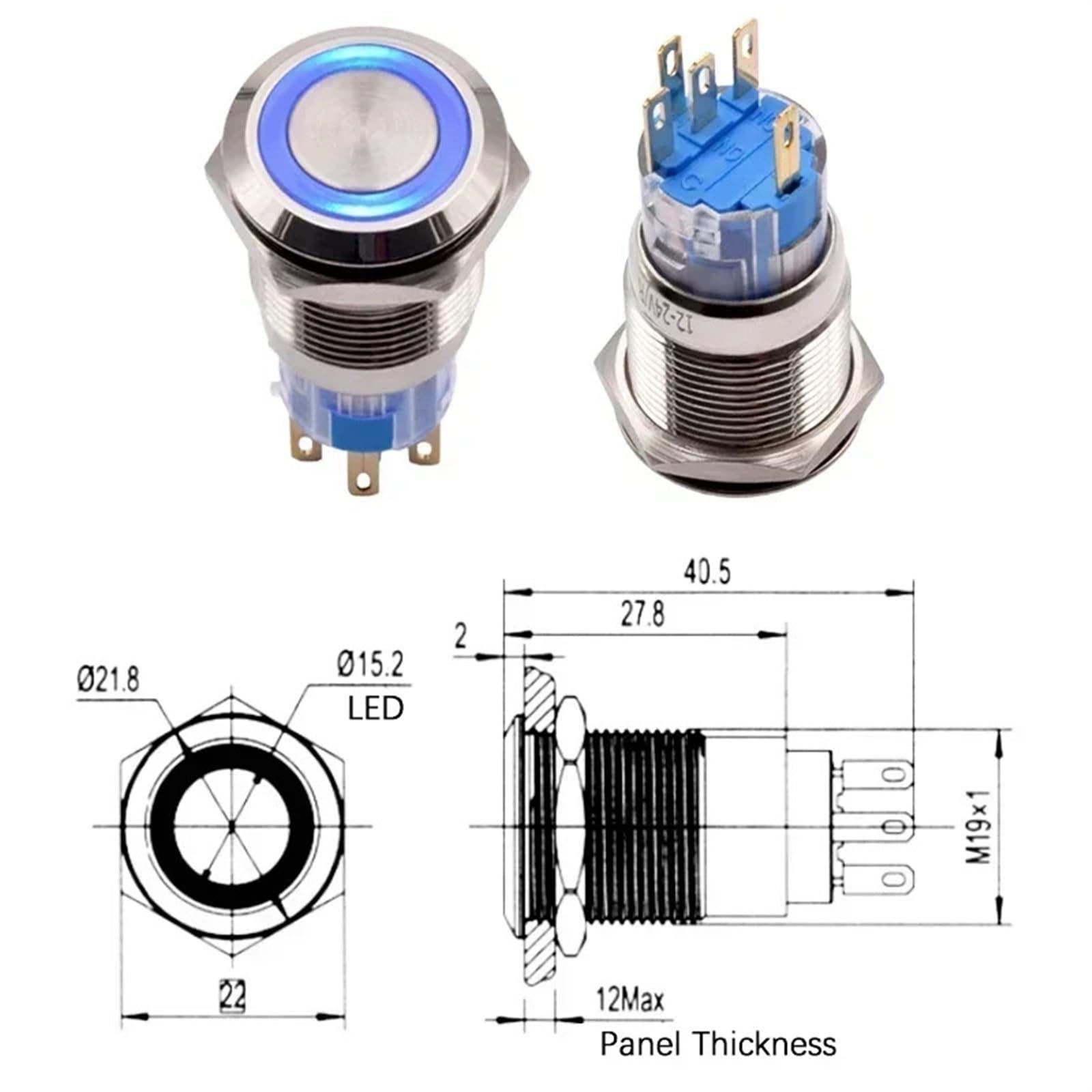19 mm metalowy przełącznik przyciskowy stal nierdzewna 1NO1NC chwilowy pierścień przełącznik zasilania LED ON Off chwilowe zamknięcie 1 szt. (12-24 V czerwona dioda LED)