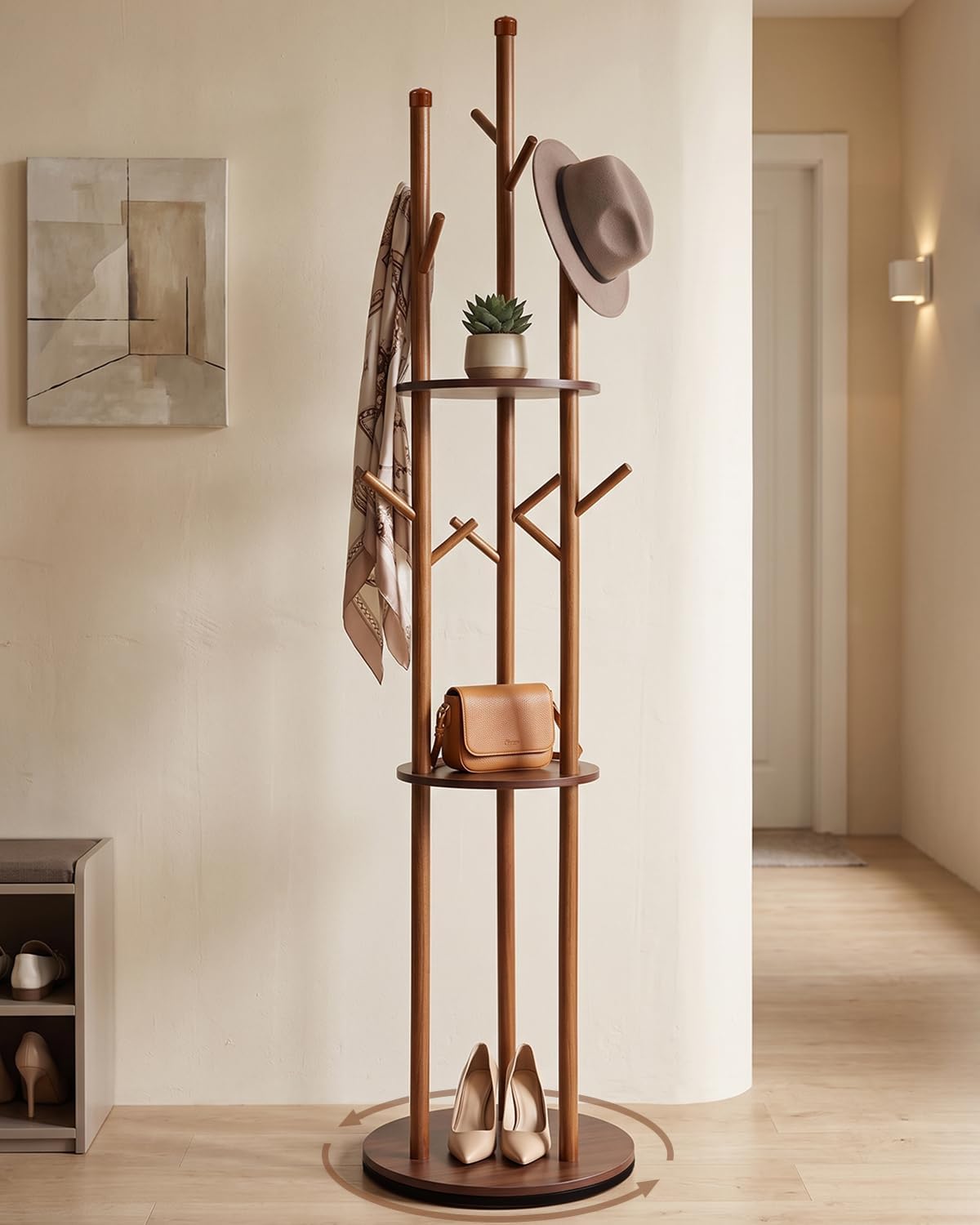 Wood Rotary Coat Rack,Freestanding Coat Rack with Shelf for Entryway | 360° Rotating with 9 Hooks & 3 Shelves,Coat tree for Entryway,Living Room,Coat Hanger Stand for Coats, Scarves, Hat(Walnut)
