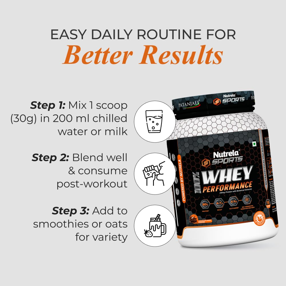NUTRELA Sports Patanjali Whey Protein 1kg | Concentrate + Isolate | 24g Protein Per Scoop | 6.7g BCAA, 4.9g Glutamine with Digestive Enzymes for quick absorption & easy digestion | Muscle - Building & Recovery | 100% Vegetarian | Irish Chocolate — Amazon image 5