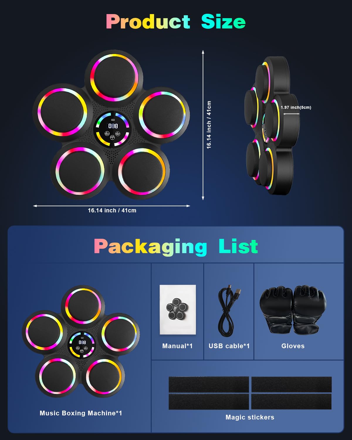 AONESY Musik-Boxmaschine für Erwachsene, 6+2 Ziele Bluetooth-Smart-Box-Trainingsgerät mit LED-Leuchten und Handschuhen, Musik-Boxmaschine mit 9 Modi und 9 Geschwindigkeiten für das Heim-Fitnessstudio