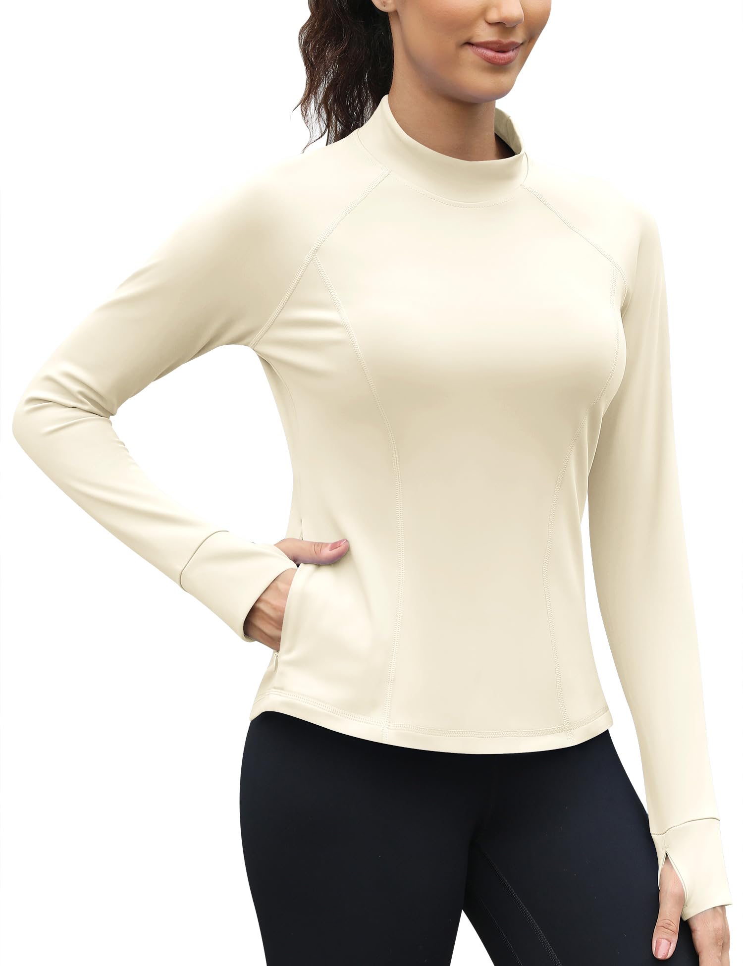 Thermo Shirt Damen Langarm mit Zwei Tasche Fleece Langarmshirt Mockneck Sport Atmungsaktiv Funktionsshirt Long Laufshirt