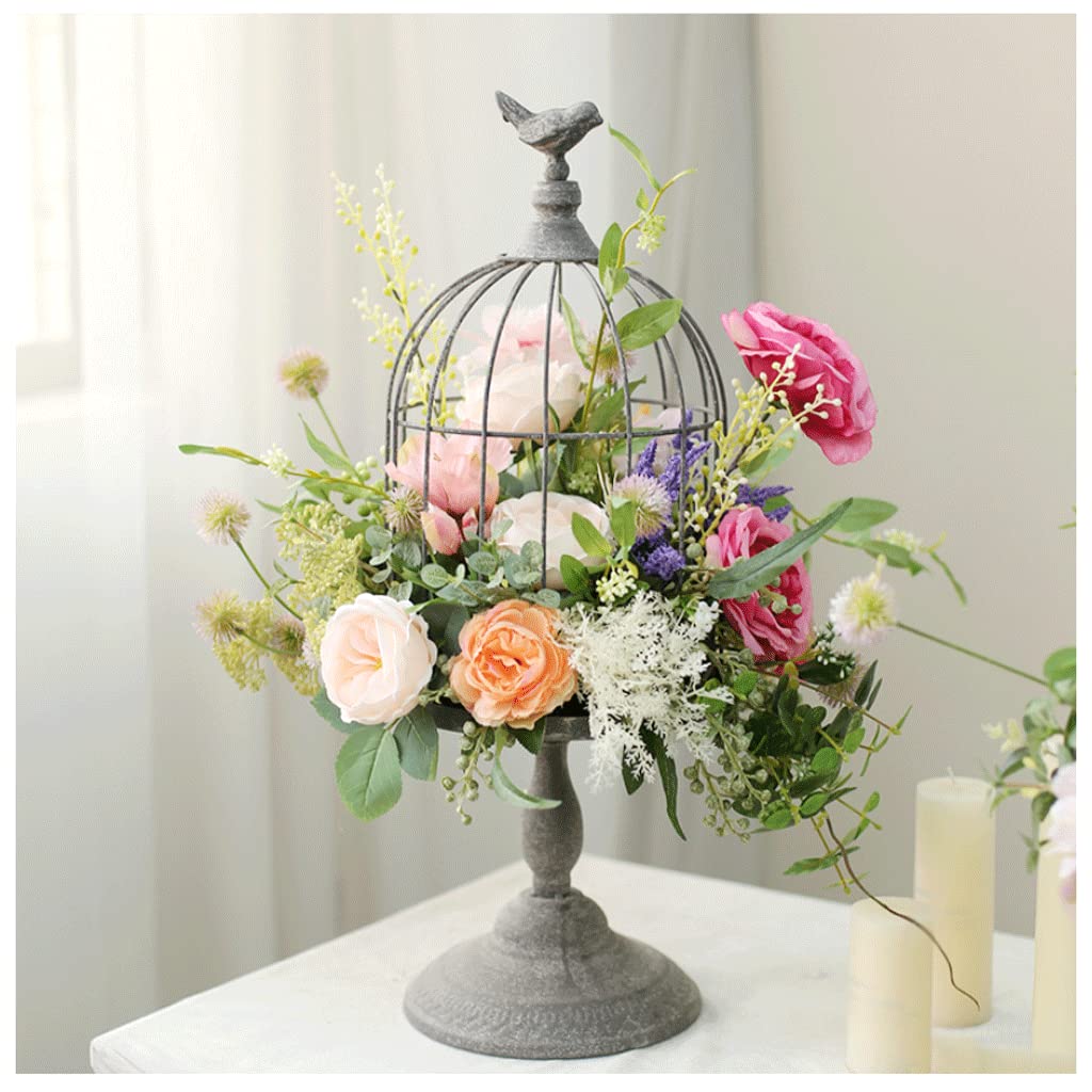 MYUYEE Artificial Flowers For Decoration Artificial Flowers With Vintage Birdcage Vase Fake Hydrangea Faux Arrangements In Vase For House Table Office Desk Decor Artificial Flow