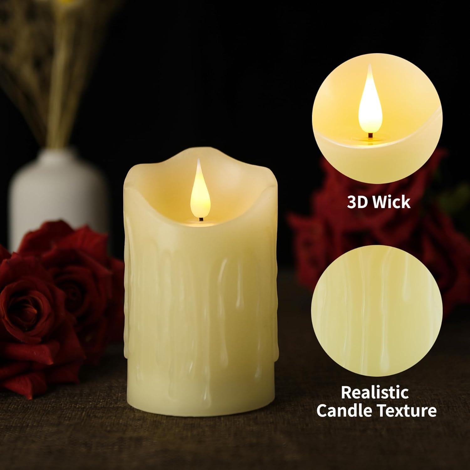 Velas LED parpadeantes con pilas, 4 cm x 6,5 cm, cera auténtica, batería realista, 6 unidades de velas LED para exteriores, llama parpadeante para bodas, fiestas