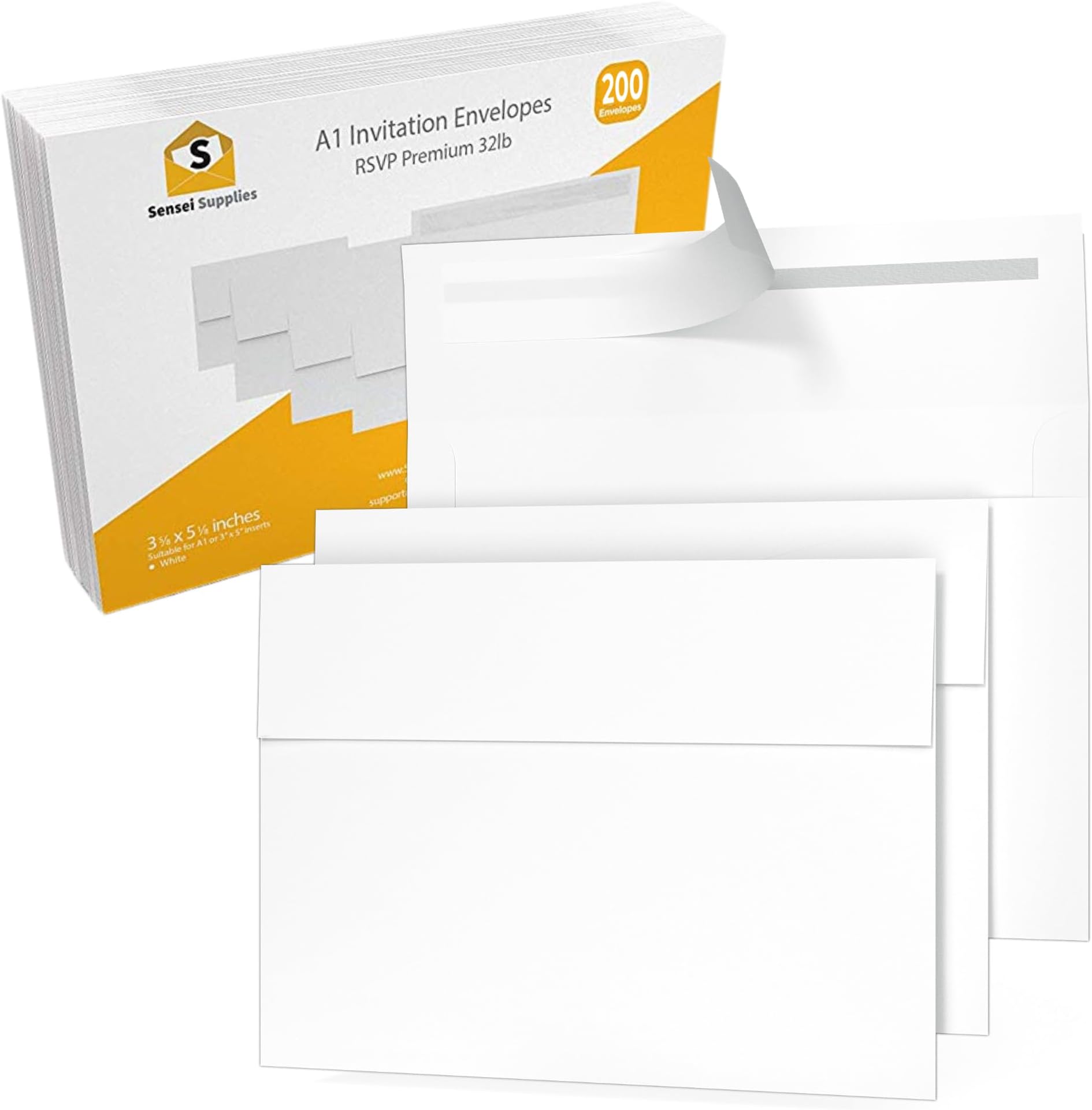 200 3 ⅝ x 5 ⅛ White RSVP Small Envelopes - A1 - For Weddings Response Cards, Baby Showers, Thank You Notes, Photos and any 3” x 5” inserts - W/Peel, Press & Self Seal - Square Flap