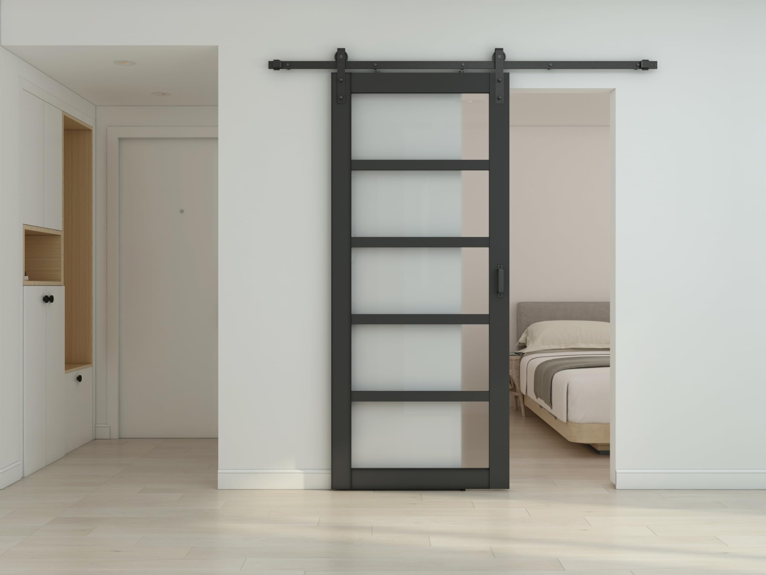 Calhome 36 in. x 84 in. 5 Lite Pre Assembled Frosted Glass Black MDF Interior Sliding Barn Door with Hardware Kit Door Handle