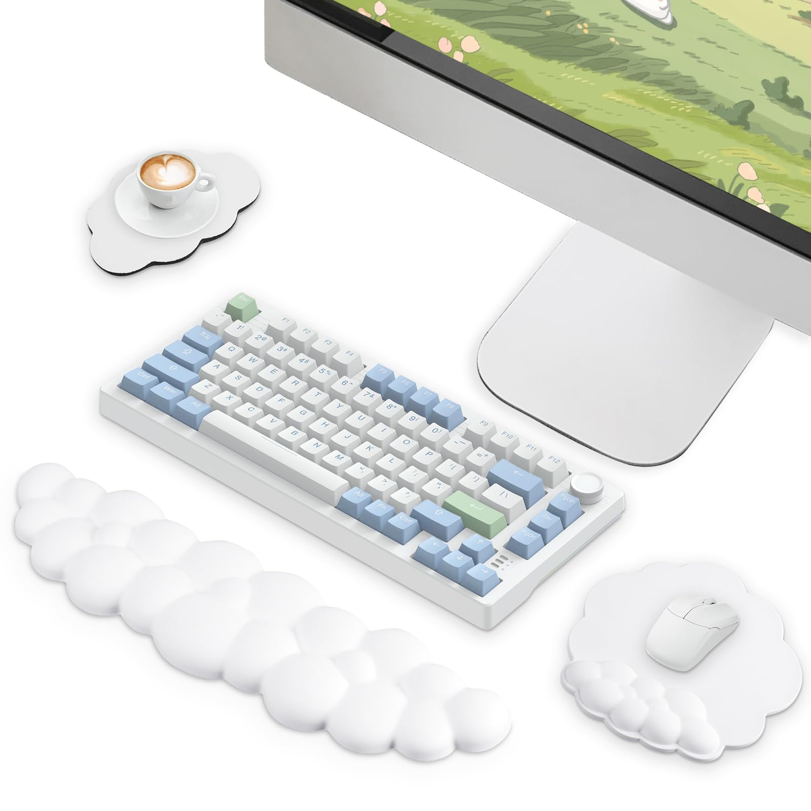 White Ergonomic Cloud Hand Rest Keyboard with PU Leather Memory Foam, Wrist Rest Mouse Pad, Mat, 3-in-1 Mouse Pad Set for Gaming/Home/Office - White