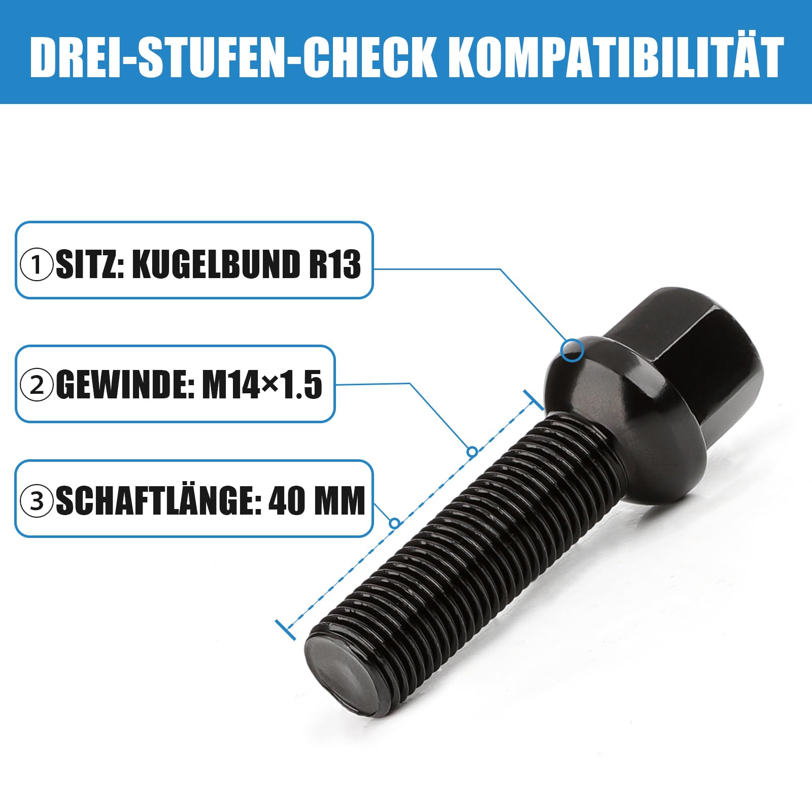 Kit 20 Bulloni Ruota Filetto Lungo 40mm per Distanziali Ruota I M14x1,5x40mm I Testa Sferica R13 I Chiave 17mm I Compatibili con originali cerchi in lega Audi e VW