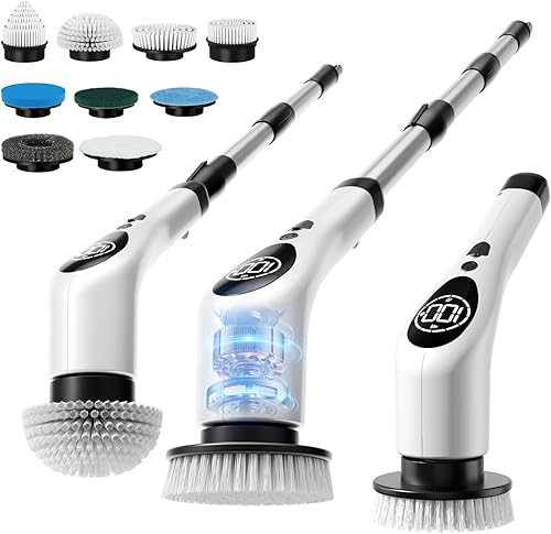 Limpiador eléctrico giratorio, cepillo de limpieza inalámbrico, limpiador de ducha con 9 cepillos de fregar, 3 velocidades, mango de extensión