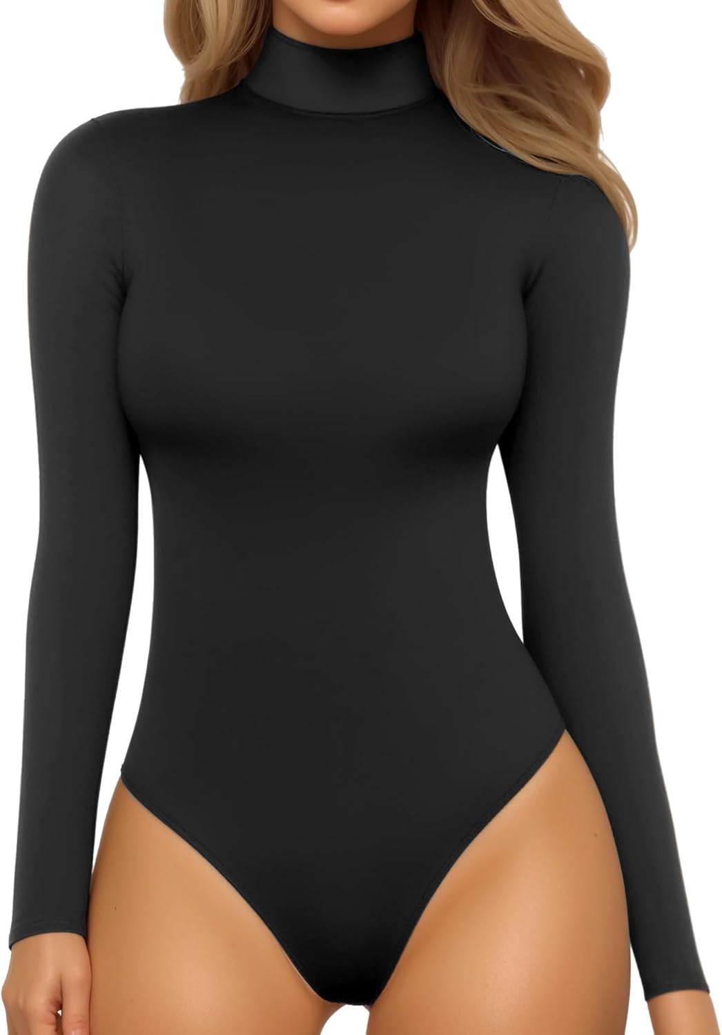 MANGOPOP Women's Mock Turtle Neck Long Sleeve Tops Bodysuit Jumpsuit Medium 01 Long Sleeve Black