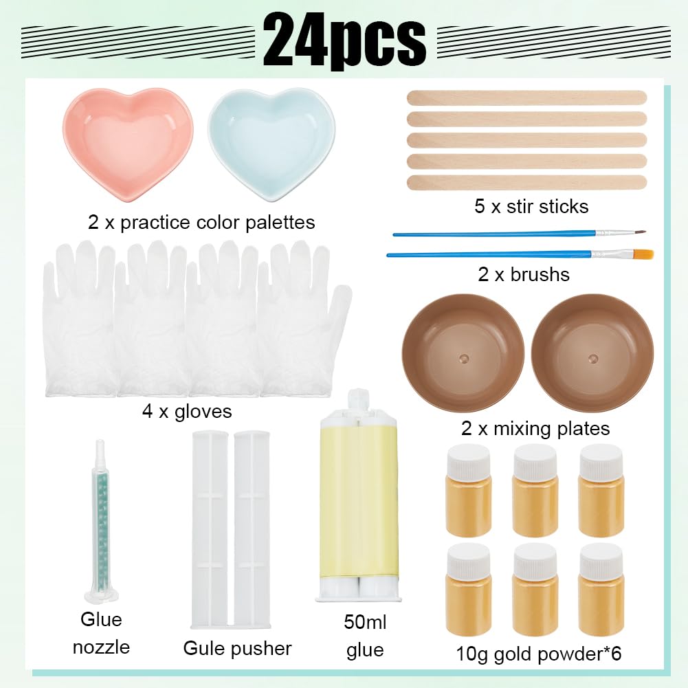 WEBEEDY Kintsugi Kit de reparación de oro, 22 piezas de cerámica japonesa con cerámica práctica y pegamento alimentario para reparar su cerámica rota significativa cristal