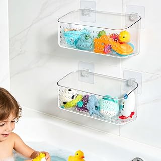 Eunion Bath Toy Storage 2-Pack: No-Drill Quick-Dry Bathtub Toy Organizer, Shower Caddy Holder, Drainable Clear White Baskets