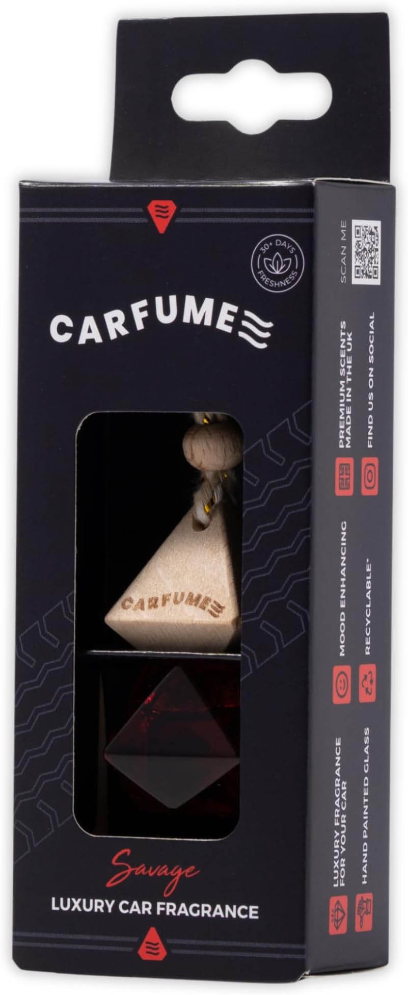 Carfume Savage Car Air Freshener Original | Premium Fresh Bergamot & Woody Ambergris Fragrance | Luxury Red Recyclable Scented Diffuser For Men - Odour Eliminator - UK Made Car Accessories