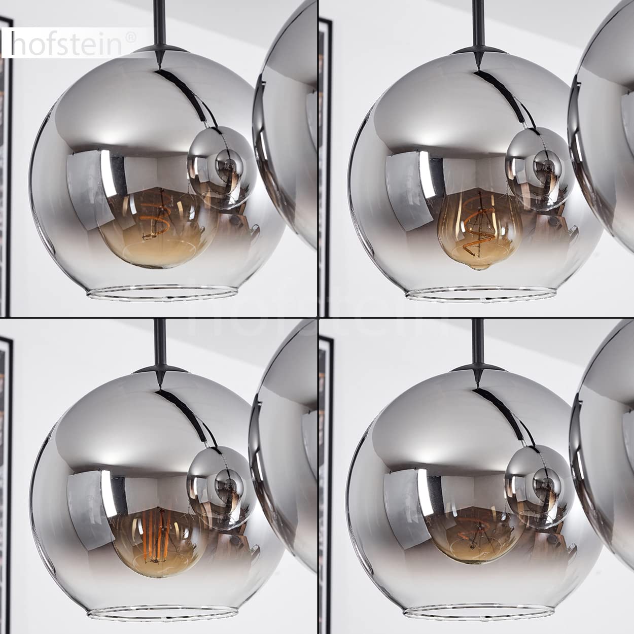 Lampa wisząca Koyoto, metalowa/szklana lampa wisząca w kolorze czarnym/chromowym/jasnym, 4-lampowa lampa/retro ze szklanymi kloszami (Ø20cm), maksymalna wysokość 152,5cm, E27, bez żarówki