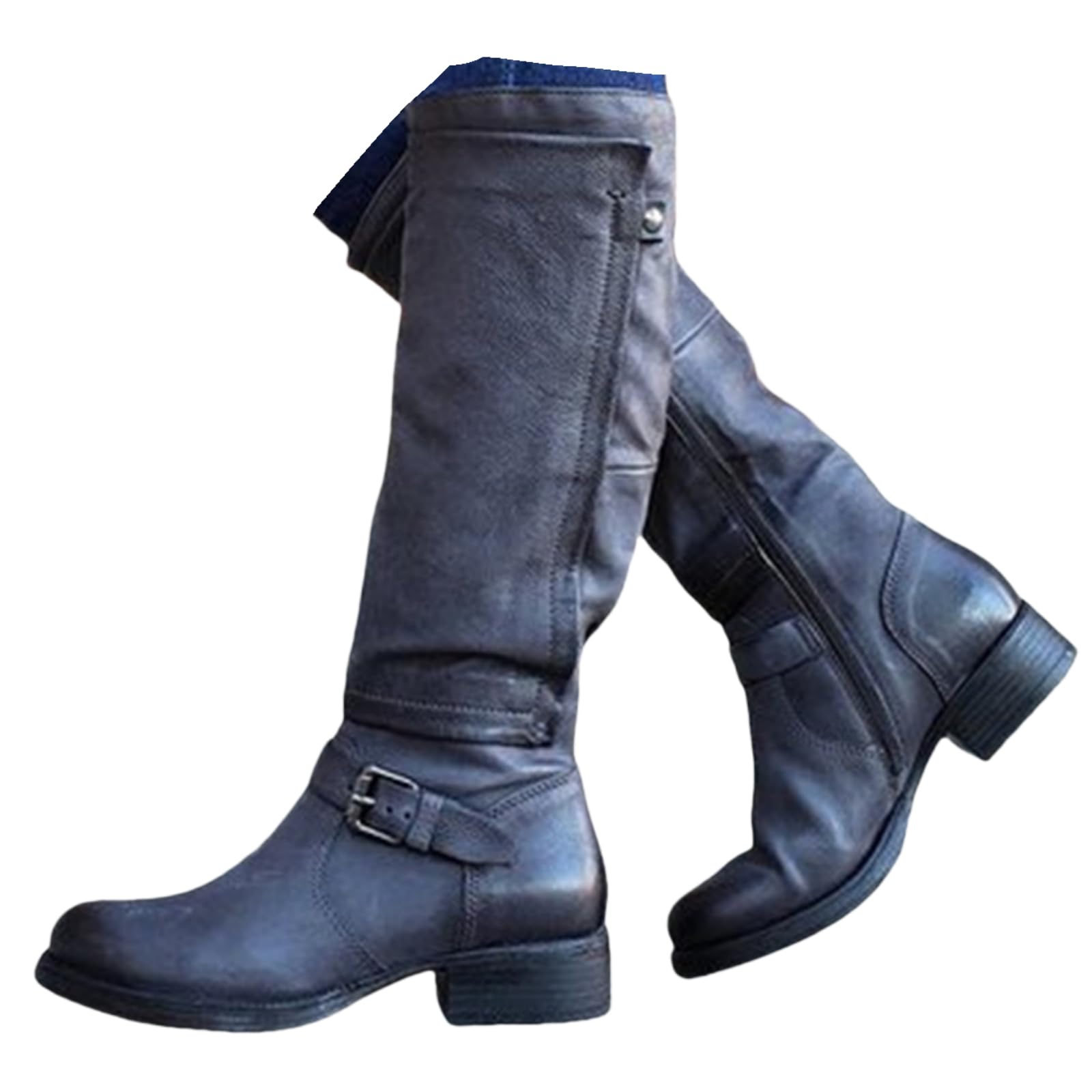 Boots For Women Knee High Low Heel Round Toe Side Zipper Riding Biker Motorcycle Buckle Tall Boots Western