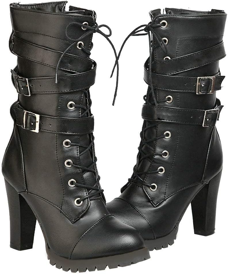 DINTAHA Chunky Goth Boots for Women,Lace Up Mid Calf Combat Boots,High Heeled Combat Boots Gothic Platform Boots With Buckles