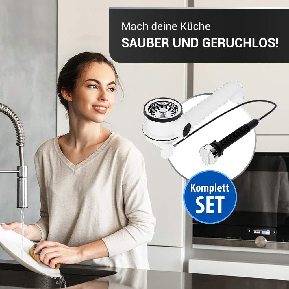 AQUADE Válvula para cesta de 70 mm con cable Bowden + organizador para fregadero | Fregadero de desagüe, sifón para cocina