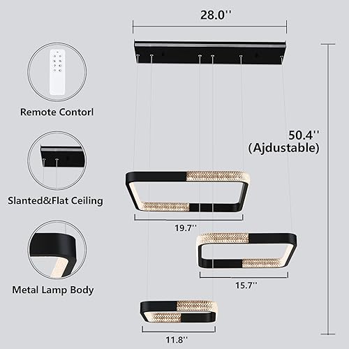 Miniatura 4 de 35.4 pulgadas regulable moderna 70W LED cristal isla luz con control remoto 3 colores 3000K-6000K ajustable 3 anillos cuadrados negros y dorados