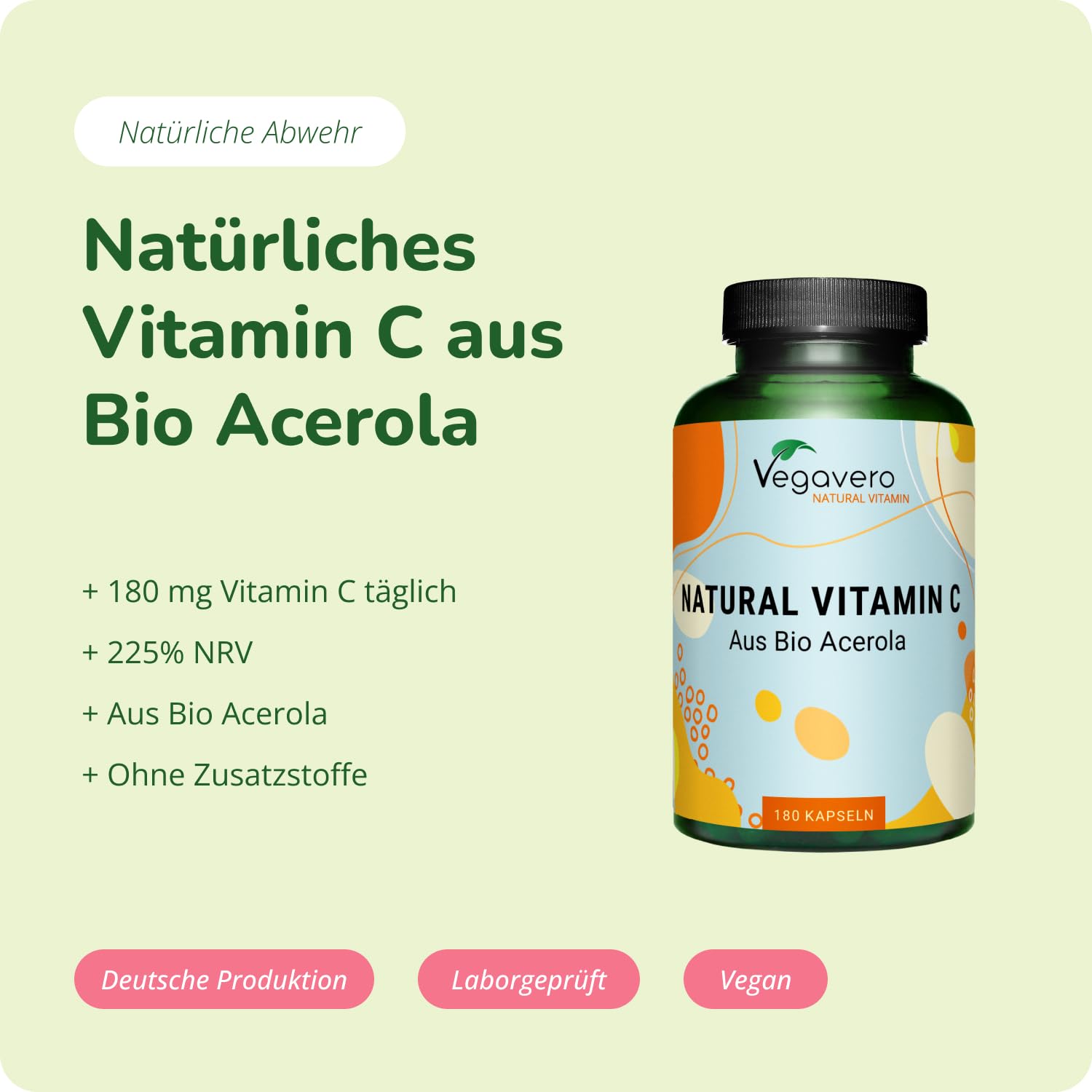 Natürliches Vitamin C Vegavero | aus Bio Acerola Extrakt | Vegan | Immunsystem stärken * | Ohne Zusatzstoffe | 180 Kapseln (Packung mit 2)