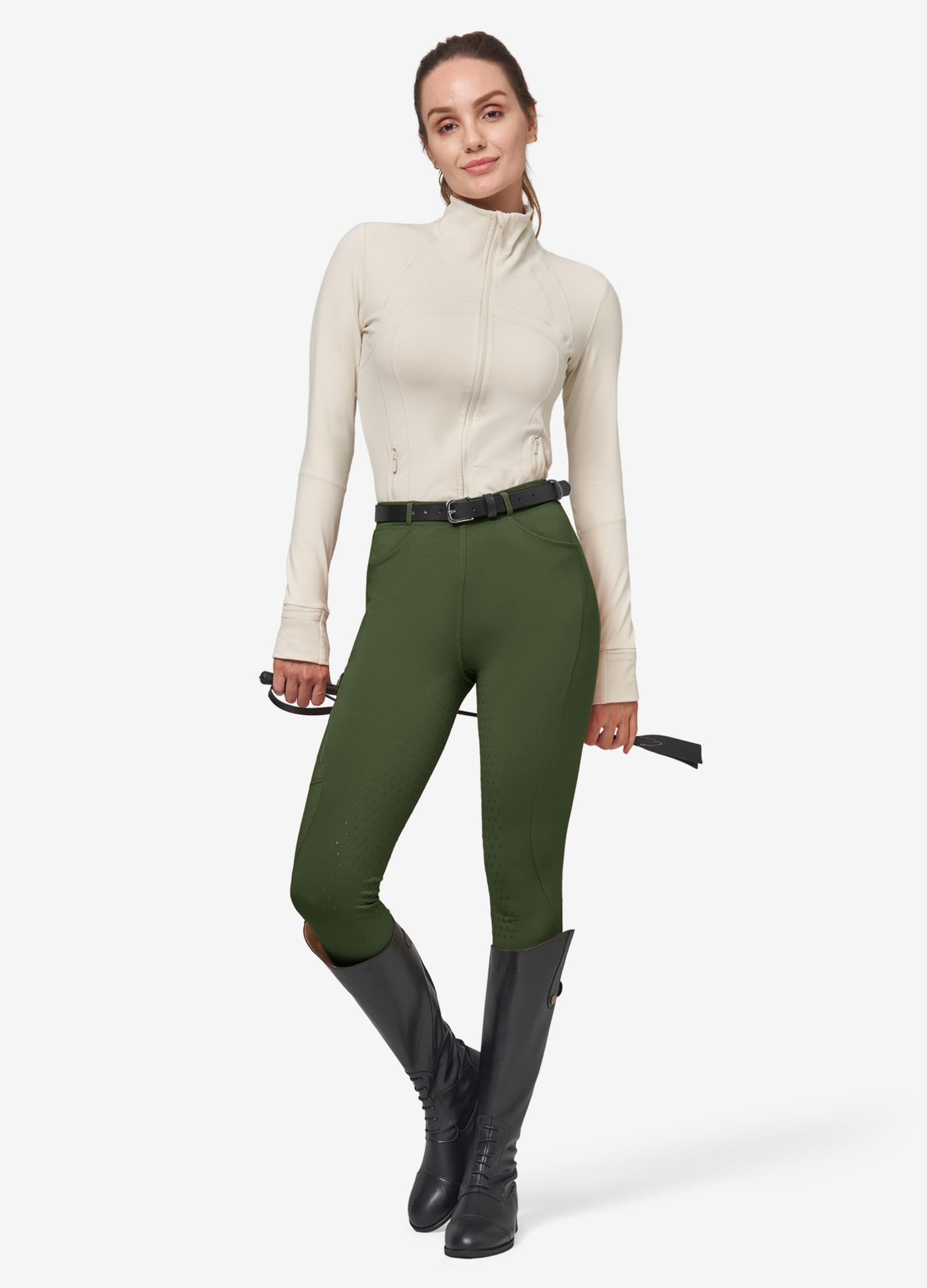 WILLIT Pantaloni da equitazione da donna, invernali, foderati, in pile, con inserti completi, per equitazione, equitazione, pantaloni termici con tasche, passanti per cintura, verde militare, S