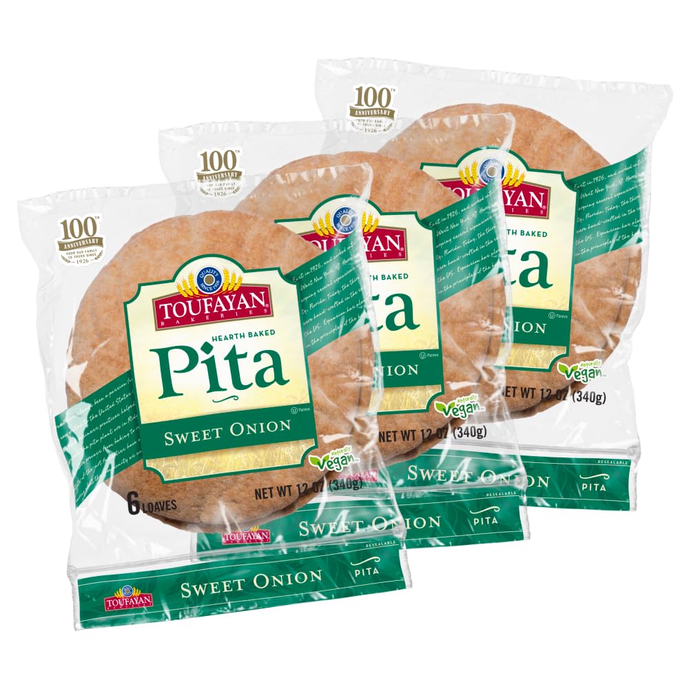 Toufayan Sweet Onion Pita Bread – Soft Hearth-Baked Pocket Pita | Freeze on Arrival | 3 Pack (18 Pitas Total)