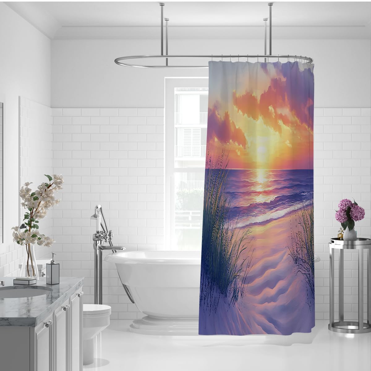 Rideau de douche plage coucher soleil vagues romantique W180xL200 cm