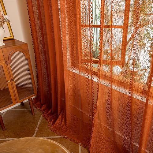 Sutuo Home Boho Lace Curtains 2 Panel Sets for Bedroom Living Room Semi Sheer Curtains French Country Privacy Vintage Tassels Orange Victorian Style Rustic Decor Rod Pocket 50 x 96 Terracotta