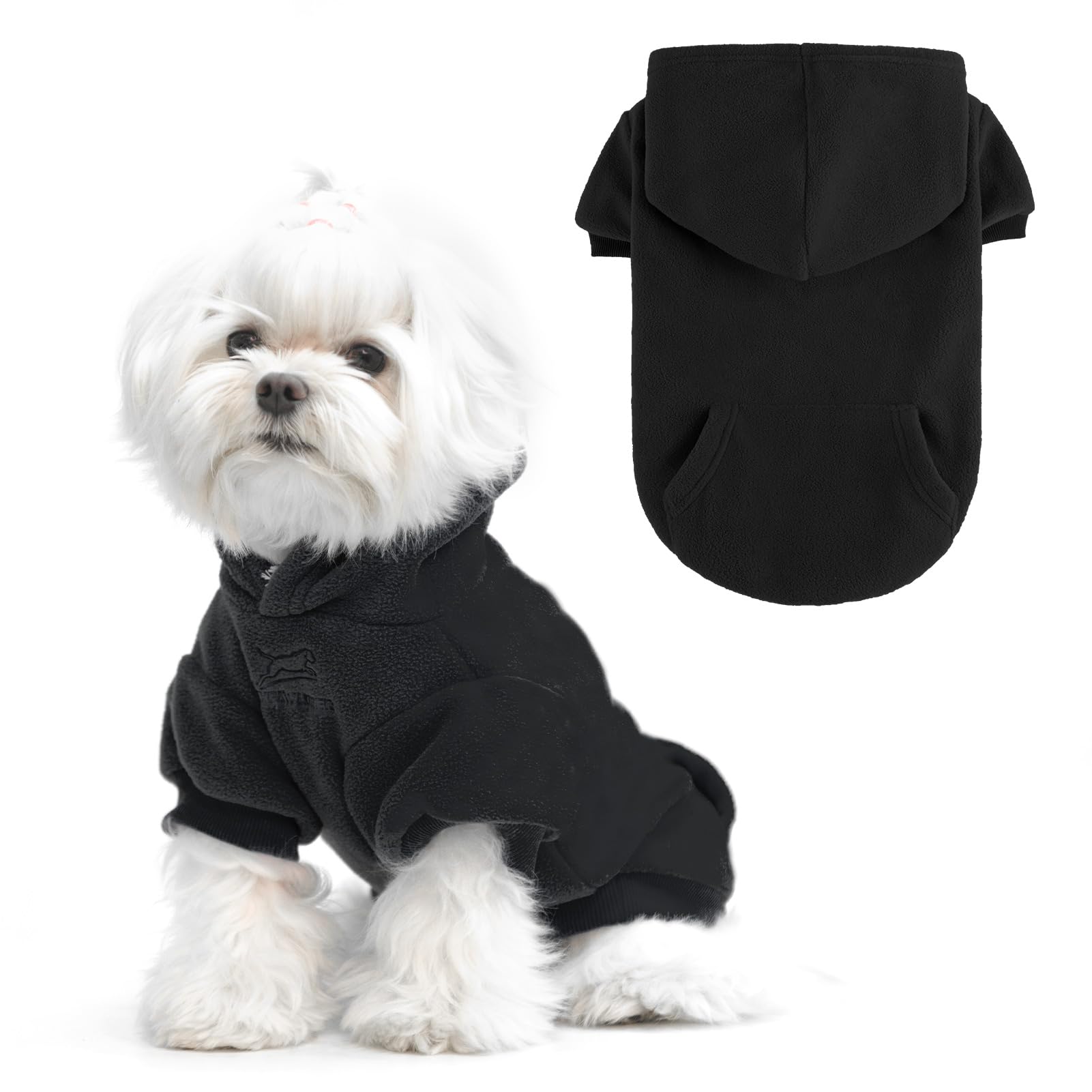 EXPAWLORER Basic Dog Hoodie-Fall Dog Sweater for Small Dogs Boys,Girls with Leash Hole and Pocket, Dog Cold Weather Clothes, Dog Fleece Coat for Winter(Black,XS)