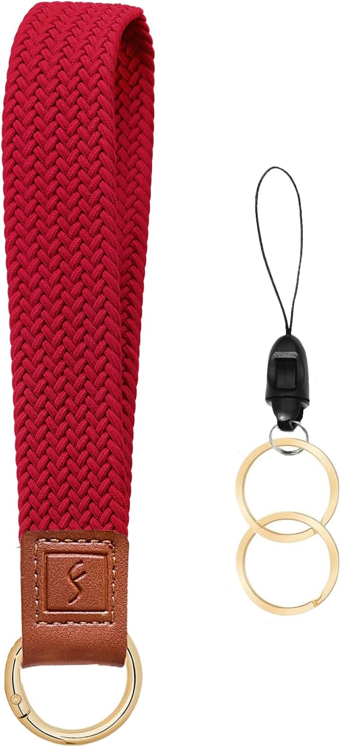 Fishent Stretchy Key Chain, Cute Keychain Wristlet, Upgraded Woven Wrist Lanyard for Keys, Key Chains for Women Men Car Keys ID Badges Card Wallet Phone, Red