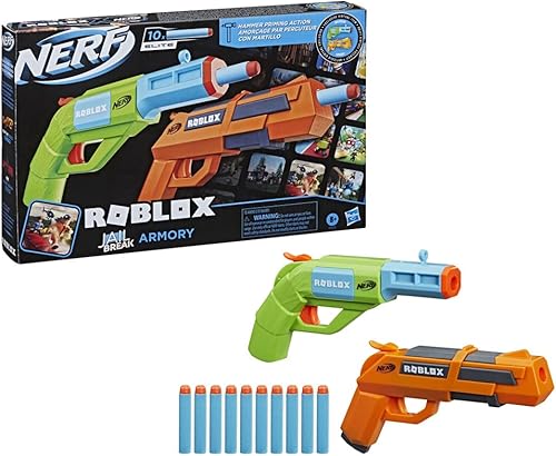 NERF Roblox Jailbreak Armory incluye 2 lanzadores de acción de martillo 10 dardos de élite código para desbloquear artículo virtual en el juego
