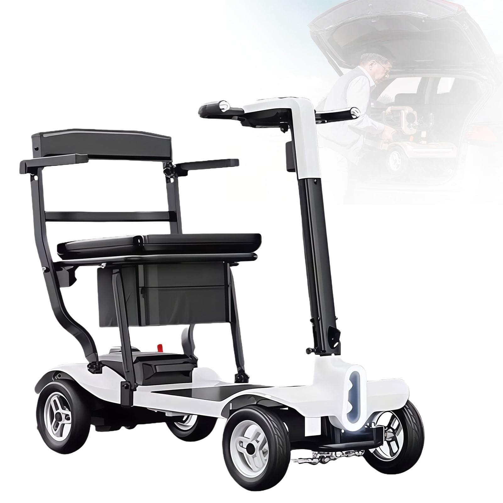 Scooter eléctrico de Viaje de 4 Ruedas con diseño Plegable y cómodo, autonomía de 20 km y Faro LED. Ideal para Personas Mayores y Personas con Problemas de Movilidad.