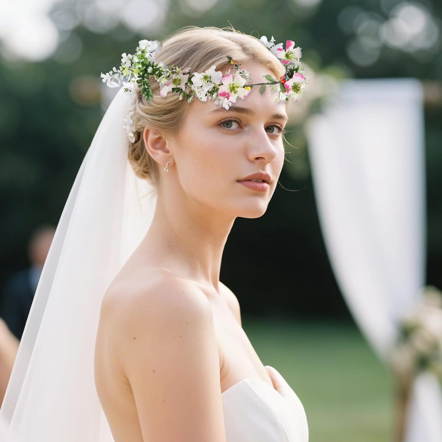 1 Pc Flower Crown for Women with Bridal Veil, Adjustable Hair Headband Accessories, Wedding Crown for Wedding Bridal Festival Photography Hair Wreath Accessory Hairbands - Image 4