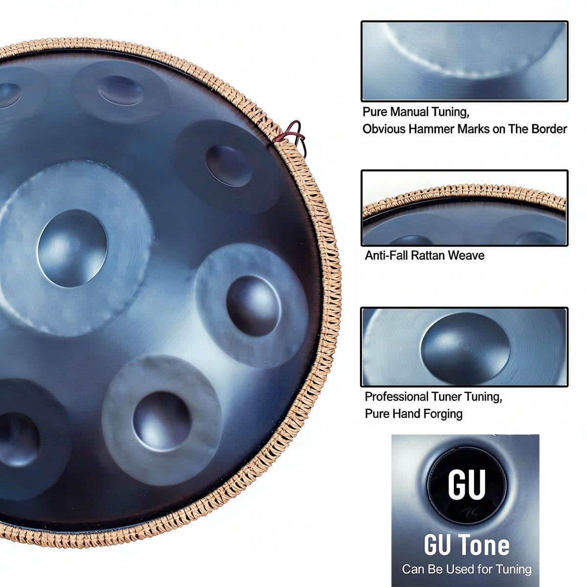 Handpan Tamburo a Mano Strumento a Percussione 432Hz Re Minore 9 Note – Tamburo in Acciaio 22 Pollici con Bacchette e Supporto per Meditazione Yoga e Principianti(blu,432HZ/12Note)