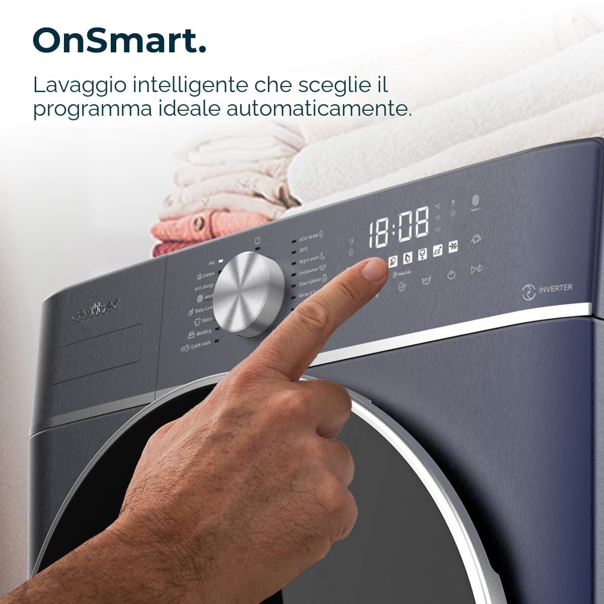 Cecotec Lavatrice 8 Kg Carico frontale Bolero DressCode 8800 Inverter Ice Blue A. 2000 W, 1400 giri/min, 16 programmi, basso consumo, motore inverter Plus, SteamMax, ricarica automatica e display