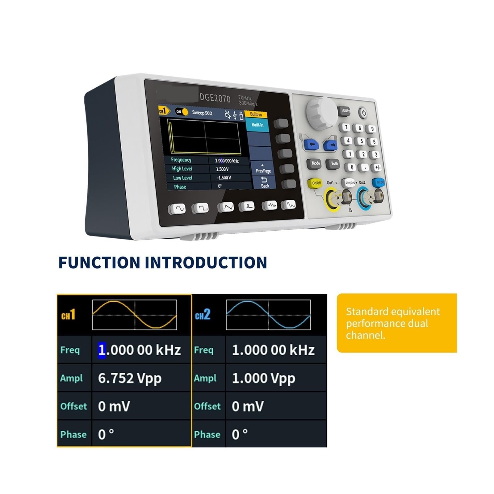 Osciloscopio Digital, Generador de Forma de Onda arbitraria 300MSa/s Osciloscopio Digital de Doble Canal de 35MHz / 70Mhz para la Industria de Mantenimiento y educación(DGE2070)